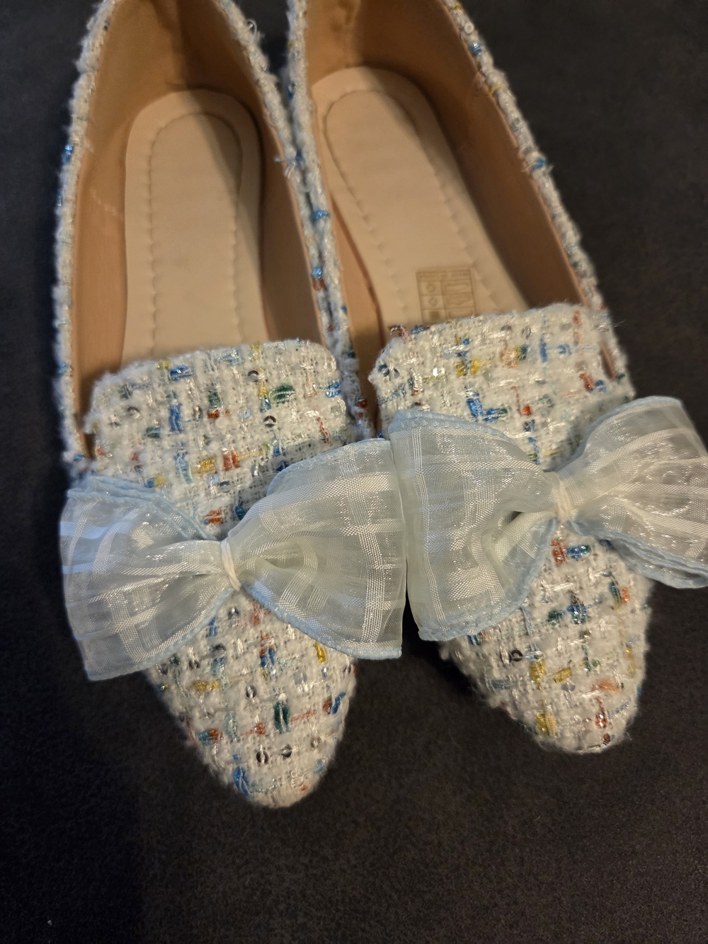 Girls White Tweed Dress Flats with Organza Bow
